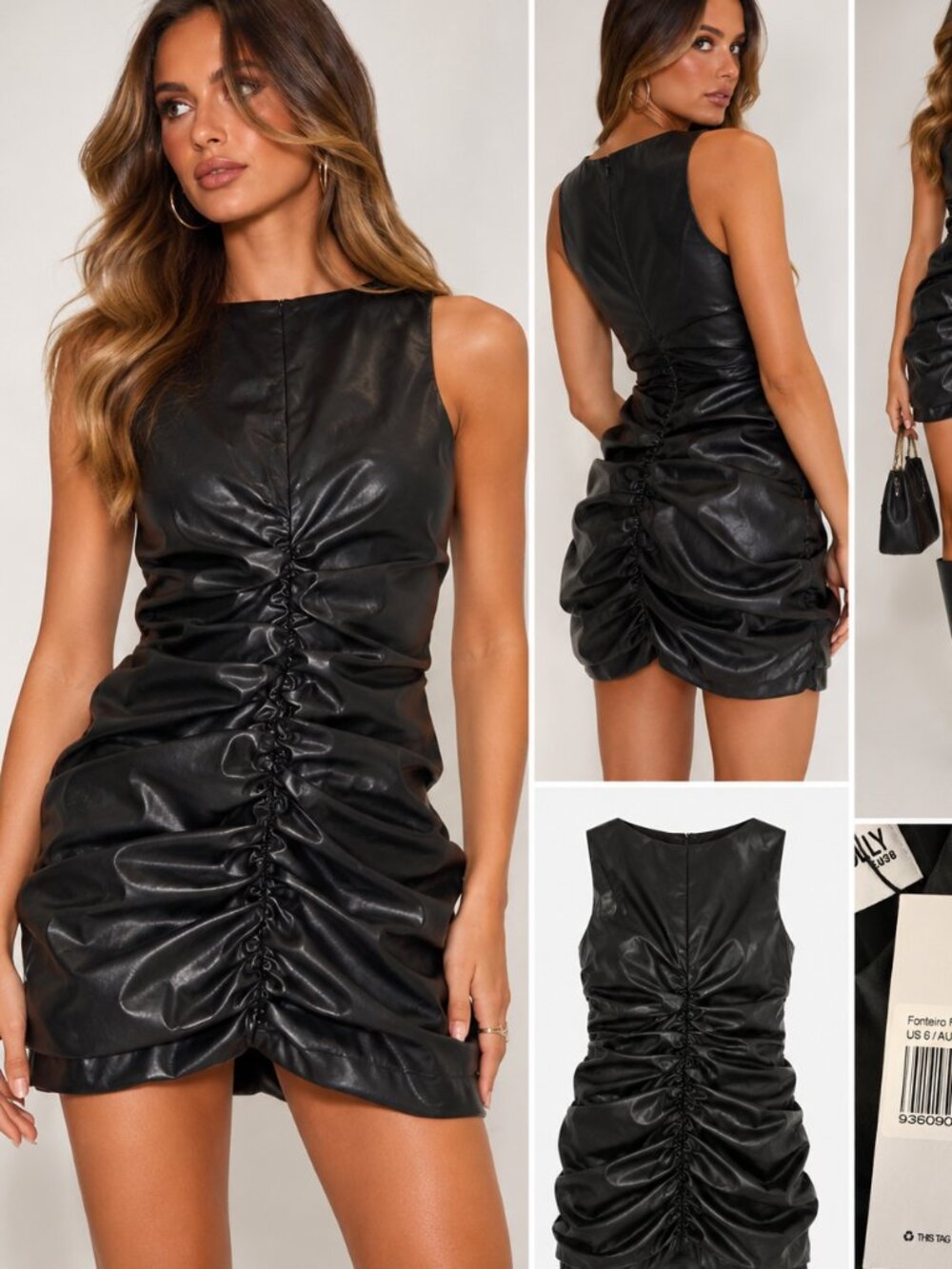 Princess Polly Fonteiro Faux Leather Ruched Mini Dress Black Size 6 NWT